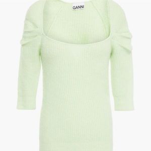 Ganni Gathered Brushed Ribbed-Knit Sweater Mint Green Size Small